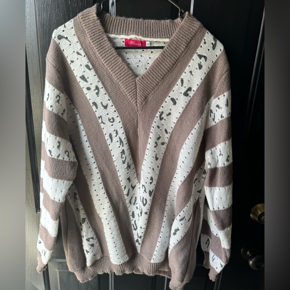 Chaps Brown and White V-Neck Sweater